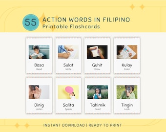 Flashcard stampabili con parole d'azione e verbi filippini per bambini piccoli e ragazzi, flashcard didattiche digitali per la scuola materna, Montessori, istruzione parentale