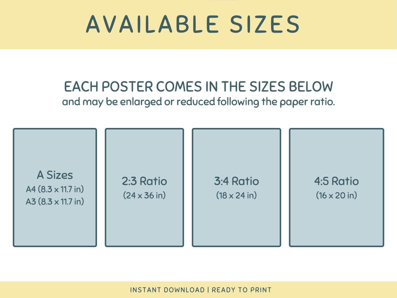 K&ouml;nnte beinhalten: Eine Tabelle mit den verf&uuml;gbaren Gr&ouml;&szlig;en f&uuml;r Poster. Die Gr&ouml;&szlig;en sind wie folgt aufgef&uuml;hrt: A4 (8,3 x 11,7 Zoll), A3 (8,3 x 11,7 Zoll), Verh&auml;ltnis 2:3 (24 x 36 Zoll), Verh&auml;ltnis 3:4 (18 x 24 Zoll) und Verh&auml;ltnis 4:5 (16 x 20 Zoll).