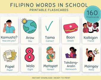 Flashcard stampabili in filippino per bambini piccoli e ragazzi, impara il tagalog con le flashcard, lingua filippina per la scuola domestica e l'educazione Montessori