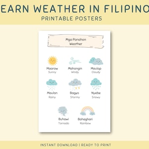 Póster del tiempo imprimible en filipino para niños pequeños y niños, decoración de pared educativa en tagalo, material sobre las estaciones y el clima de Filipinas