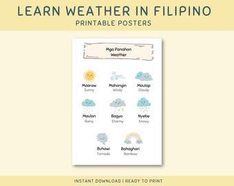 Druckbares Wetter Poster in Philippinisch für Kleinkinder und Kinder, pädagogisch wertvolles Tagalog Wanddekor, philippinische Jahreszeiten & Klimamaterial