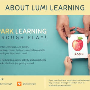 K&ouml;nnte beinhalten: Eine gelbe und wei&szlig;e Grafik mit dem Text "About Lumi Learning" und "Spark Learning Through Play!" Die Grafik zeigt ein Kind und einen Erwachsenen, die eine Karte mit einem roten Apfel und dem Wort "Apple" halten. Die Grafik enth&auml;lt auch den Text "Visit Us: Etsy @lumilearningph @lumilearningph" und "Wenn Sie Feedback, Vorschl&auml;ge und/oder Anfragen haben, k&ouml;nnen Sie uns eine Nachricht senden oder eine E-Mail an lumilearningph@gmail.com senden."