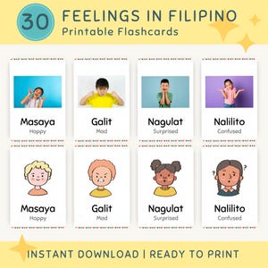 Émotions et sentiments philippins Cartes flash imprimables pour tout-petits et enfants, cartes flash numériques éducatives préscolaires, Montessori, école à la maison