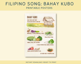 Poster stampabile di canzoni filippine Bahay Kubo per neonati e bambini, decorazione artistica da parete tagalog educativa, testi di canzoni popolari in lingua filippina