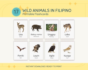 Schede didattiche stampabili per bambini sugli animali filippini in tagalog, Schede didattiche stampabili per bambini sugli animali selvatici in filippino