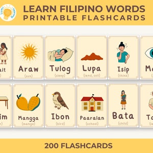 Cartões de memória imprimíveis filipinos para crianças pequenas e crianças | Aprenda cartões de memória tagalo | Língua filipina para educação domiciliar e Montessori