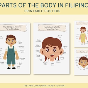 Druckbare philippinische Teile des Körpers & Kopf-Poster für Kleinkinder und Kinder, pädagogisch wertvolle Wanddekoration, lernen Sie die philippinische Sprache
