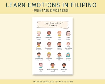 Poster stampabile sulle emozioni in filippino per bambini piccoli e ragazzi, arte murale educativa sui sentimenti in tagalog, scuola domestica in classe, decorazioni Montessori