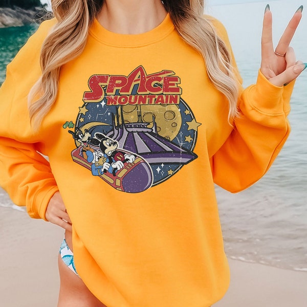 Vintage Space Mountain Sweatshirt, Retro Cartoon Graphic Pullover, Unisex Adult Casual Outerwear