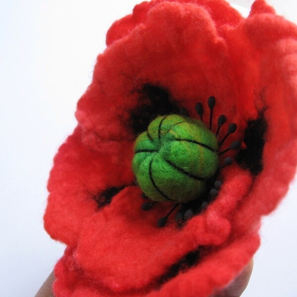 Orange Poppy Brooch / Pin. Hand Felted.