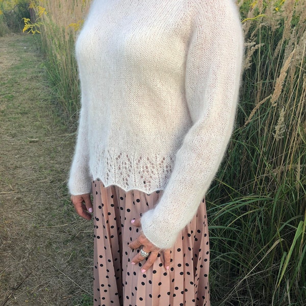 Mohair sweater with openwork ecru size M / L handmade lace soft