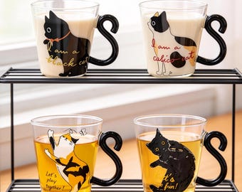 Cat Glass Mug with Handle | Borosilicate Glass Cup | Aesthetic Coffee Mug | Cute Cartoon Mug | Gift for Cat Lovers