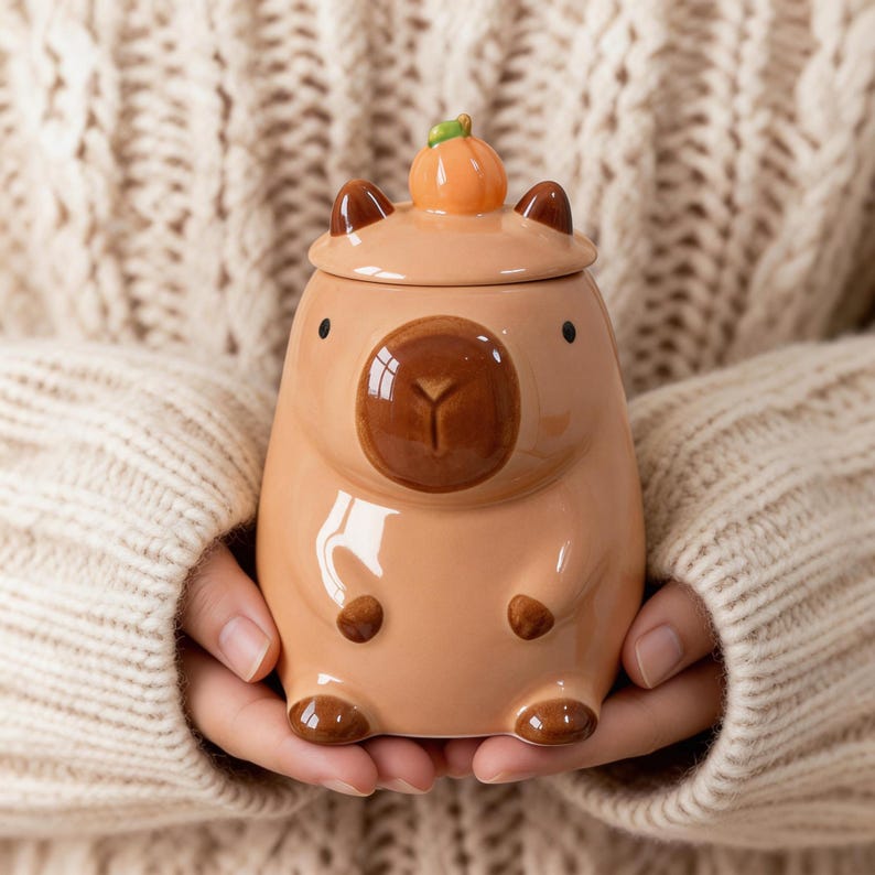 May include: A ceramic capybara-shaped mug with a lid, featuring a pumpkin on top. The mug is light brown with darker brown accents and small black eyes. The mug is held in front of a cream-colored sweater.
