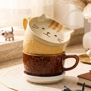 Cute Cat Shiba Mug With Lid | Japanese Style Ceramic Coffee Milk Cup | Gift For Couple Friend Kids | Yellow Blue Brown White Ceramic Mug image 4