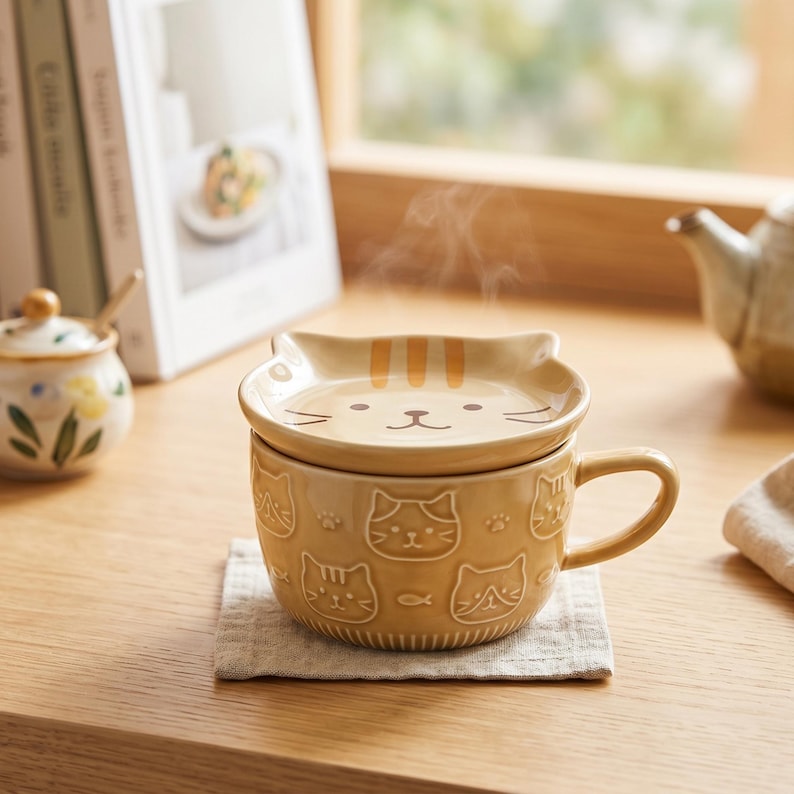 May include: A light tan ceramic mug with a matching lid, both featuring embossed cat face patterns. The lid is shaped like a cat head with orange stripes, while the mug body displays various cat faces and small fish icons. Steam rises from the mug.