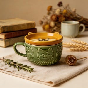 Cute Cat Shiba Mug With Lid | Japanese Style Ceramic Coffee Milk Cup | Gift For Couple Friend Kids | Yellow Blue Brown White Ceramic Mug Green