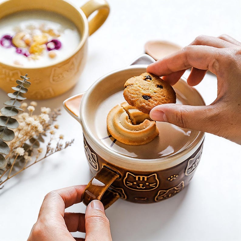 May include: A dark brown ceramic mug with a cat-shaped lid and embossed cat face patterns on the exterior. The mug features a handle and a matching light yellow mug in the background. A round cookie is being placed onto the lid of the brown mug.
