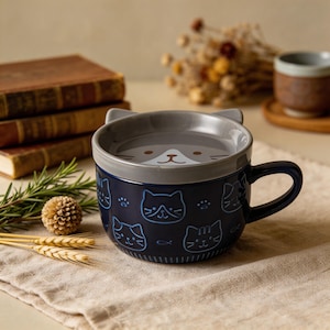 May include: A dark blue ceramic mug with a matching lid featuring cat ear shapes. The mug is decorated with a repeating pattern of light blue cat faces, paw prints, and small fish. The lid displays a printed cat face with whiskers and a nose.