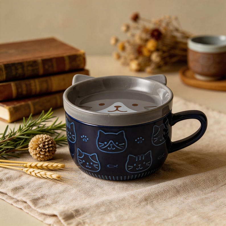May include: A dark blue ceramic mug with a matching lid featuring cat ear shapes. The mug is decorated with a repeating pattern of light blue cat faces, paw prints, and small fish. The lid displays a printed cat face with whiskers and a nose.