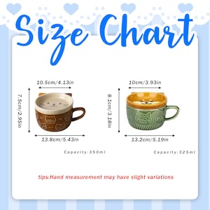 May include: A size chart for two ceramic mugs with animal motifs. The left mug is brown with cat patterns, 10.5cm/4.13in wide, 7.5cm/2.95in high, 13.8cm/5.43in total width, 350ml capacity. The right mug is green with dog patterns, 10cm/3.93in wide, 8.1cm/3.18in high, 13.2cm/5.19in total width, 325ml capacity.