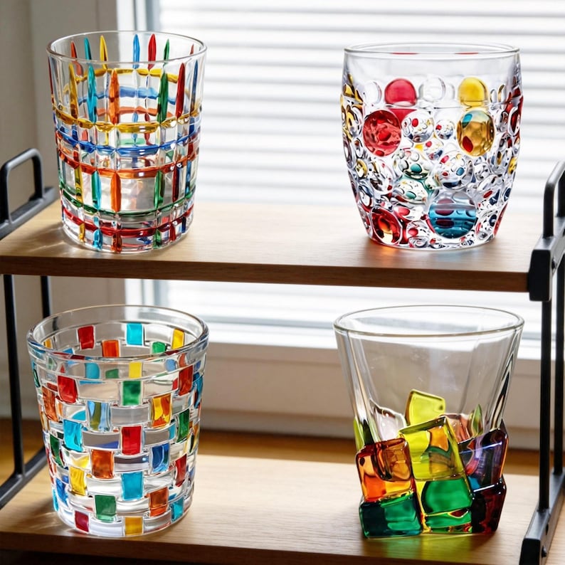 May include: Four colorful, decorative drinking glasses. The glasses feature vibrant designs, including grid patterns and colorful bubble-like accents. The glasses are displayed on a wooden shelf, showcasing their unique and artistic appearance.