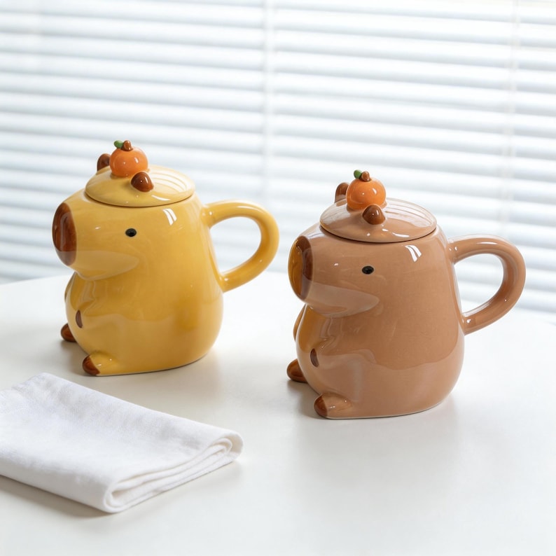 May include: Two ceramic mugs shaped like capybaras, one yellow and one brown, each with a lid topped with a small orange fruit. The mugs have a handle and small feet. A white folded cloth is in the foreground.