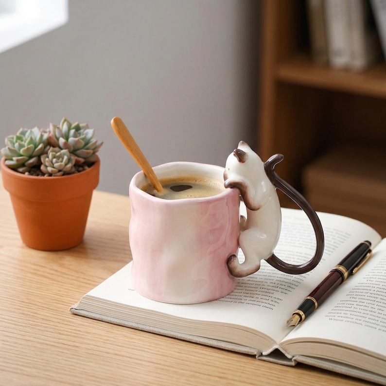Puede incluir: Una taza de cer&aacute;mica rosa con dise&ntilde;o de gato, llena de caf&eacute; y una cuchara de madera. El gato es blanco y marr&oacute;n, con su cola formando el asa de la taza. La taza est&aacute; sobre un libro abierto junto a una suculenta en maceta.