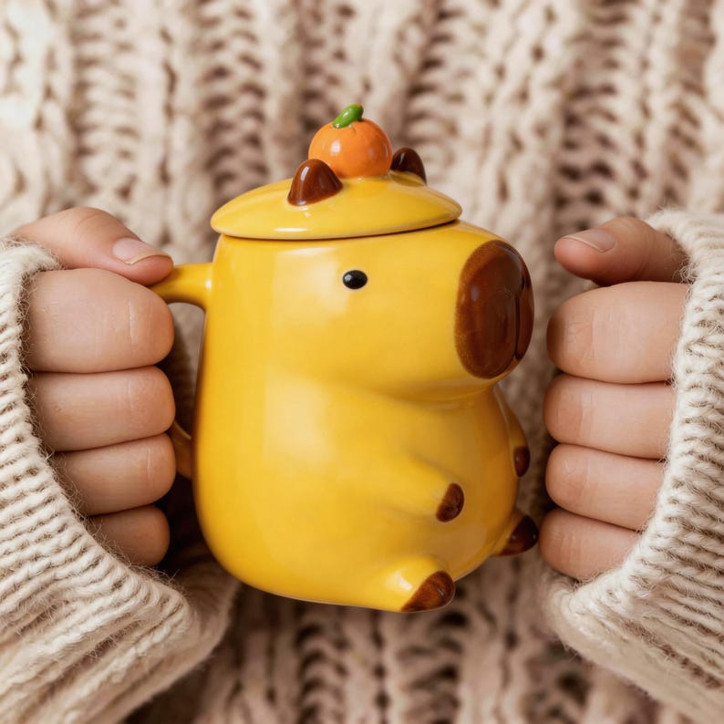 May include: A yellow ceramic mug shaped like a capybara, with a lid and a small orange fruit on top. The mug has brown accents and a black dot for an eye. The mug is held by a person wearing a cream-colored sweater.