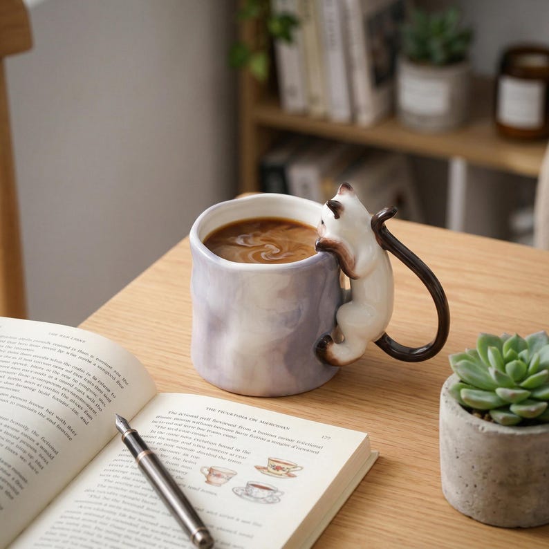 Puede incluir: Una taza de caf&eacute; de cer&aacute;mica con dise&ntilde;o de gato. La taza es de color lila claro con efecto marmolado y llena de caf&eacute;. Una figura de gato blanco y marr&oacute;n forma el asa, con la cola curvada hacia abajo. Tambi&eacute;n se ven un libro abierto y una planta suculenta.
