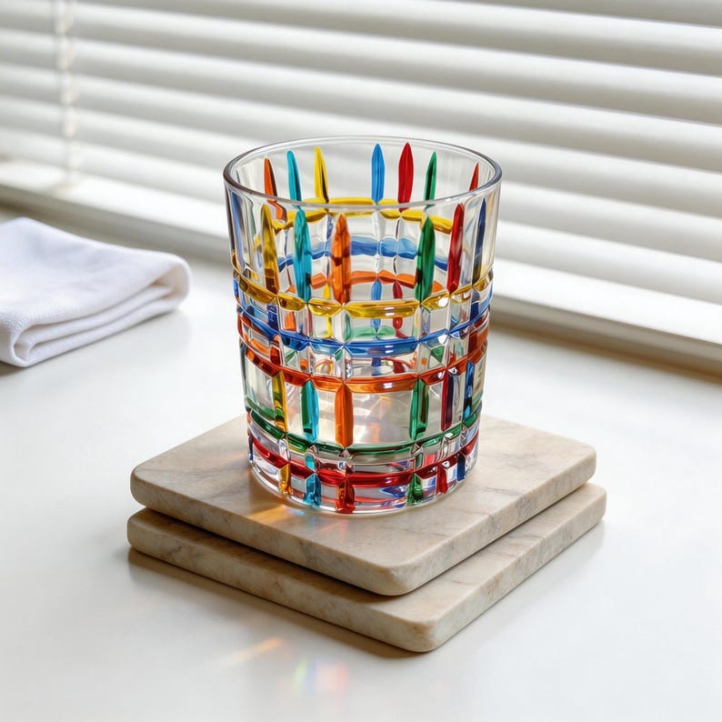 Crystal Glass Tumbler | Luxury Colorful Drinkware | Gift for Couples | Prism Water Whiskey Glass |Rainbow Stained Glass Style Drinking Glass Stripe Cup (280ml)