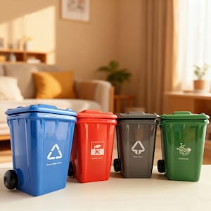 May include: Four miniature recycling bins in blue, red, grey, and green. Each bin has a lid and wheels. The blue bin has a recycling symbol, the red bin has a no-trash symbol, the grey bin has a tree symbol, and the green bin has a food waste symbol.
