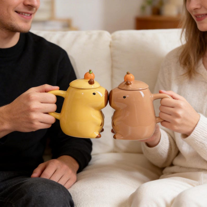 May include: Two ceramic mugs, one yellow and one brown, shaped like cartoon animals. Each mug has a lid with a small pumpkin on top. The mugs are being held up, close together, by two people.