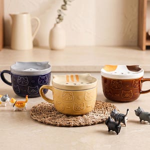 Niedliche Katze Shiba Tasse mit Deckel | Kaffee-Milchtasse im japanischen Stil | Geschenk für Paar Freund Kinder | Gelb Blau Braun Weiß Keramik Becher