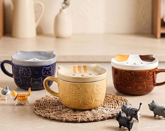 Cute Cat Shiba Mug With Lid | Japanese Style Ceramic Coffee Milk Cup | Gift For Couple Friend Kids | Yellow Blue Brown White Ceramic Mug