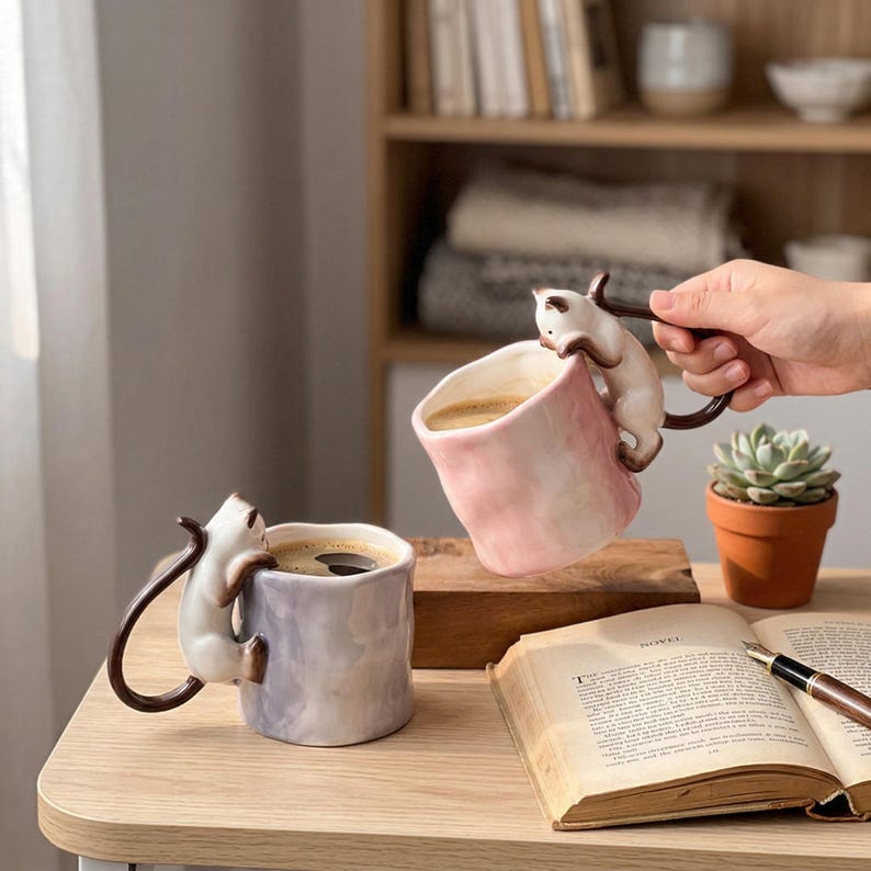 Puede incluir: Dos tazas de cer&aacute;mica con dise&ntilde;o de gato. Una taza es lavanda, la otra rosa. Cada taza tiene un gato trepando por el lateral, con la cola formando el asa. Ambas tazas est&aacute;n llenas de caf&eacute;. Tambi&eacute;n se ve una suculenta en una maceta de terracota y un libro abierto.