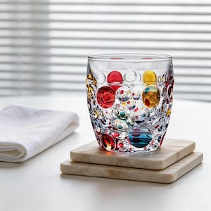 Crystal Glass Tumbler | Luxury Colorful Drinkware | Gift for Couples | Prism Water Whiskey Glass |Rainbow Stained Glass Style Drinking Glass Dot Cup (350ml)