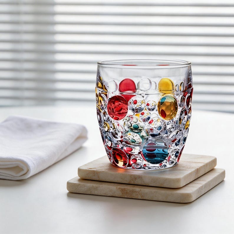 Crystal Glass Tumbler | Luxury Colorful Drinkware | Gift for Couples | Prism Water Whiskey Glass |Rainbow Stained Glass Style Drinking Glass Dot Cup (350ml)