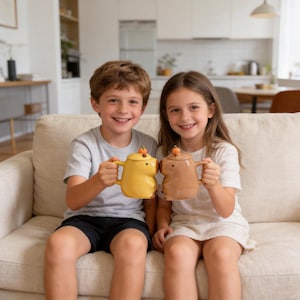 May include: Two children smiling while holding ceramic mugs. One mug is yellow, the other is brown, both shaped like animals with lids. The mugs have handles and are decorated with small details. The children are sitting on a beige couch.
