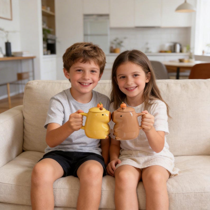 May include: Two children smiling while holding ceramic mugs. One mug is yellow, the other is brown, both shaped like animals with lids. The mugs have handles and are decorated with small details. The children are sitting on a beige couch.