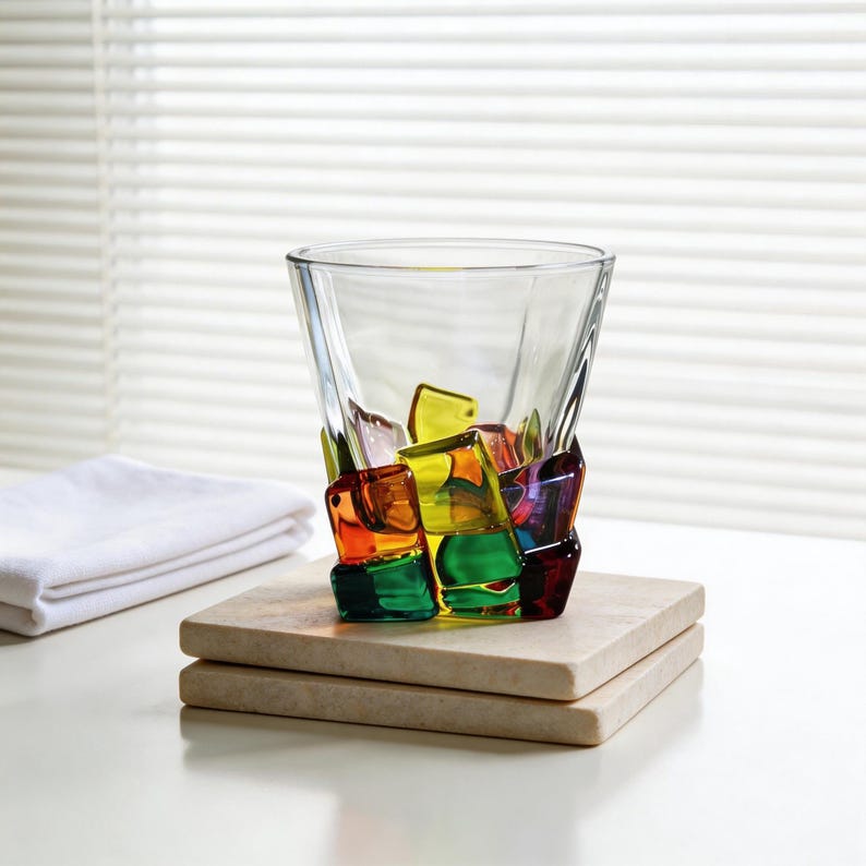 May include: A clear glass vase with a square shape and a colorful, geometric design at the base. The design features blocks of red, orange, yellow, green, and purple. The vase sits on a light-colored, rectangular coaster.