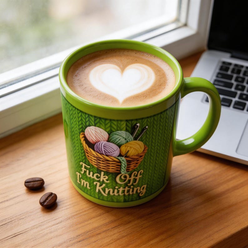 Może przedstawiać: Zielony ceramiczny kubek ze wzorem dzianiny i napisem "Fuck Off I'm Knitting". Kubek zawiera latte z wzorem w kształcie serca. Dwa ziarna kawy leżą na drewnianej powierzchni.