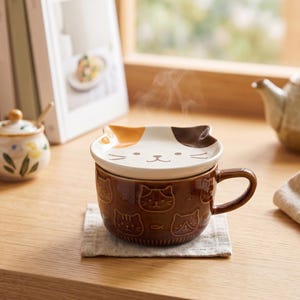 May include: A brown ceramic mug with a handle and a matching lid featuring a calico cat face design. The mug body is decorated with embossed cat faces and small fish icons. Steam rises from the lid, which has white, orange, and brown patches.