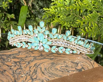 Hoge kwaliteit blauw groene opaal kristal strass bruiloft tiara, luxe prinses bruiloft tiara, bruiloft haartoebehoren, bruiloft sieraden