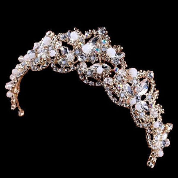 Diademe de cristal et perles opale, diademe mariage doré, diademe de luxe, accessoire de cheveux mariage, bijoux de cheveux, couronne