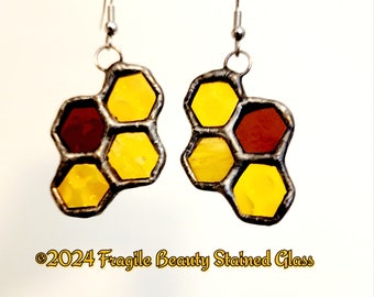 Stained Glass Honeycomb Earrings- Lead-Free Solder - Amber Honey Stained Glass - Honeycomb Textured Glass - Honeybee and Bee Lovers