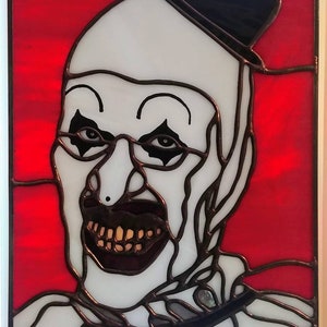 Terrifier Stained Glass - Art The Clown Stained Glass Panel - Original Glass Design by Sarah Segovia - Stained Glass by Fragile Beauty