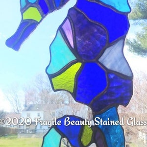 Stained Glass Seahorse Suncatcher Large Seahorse Stained Glass Art Blues Purples Lime Green Sea Horse Glass Art Suncatcher image 2
