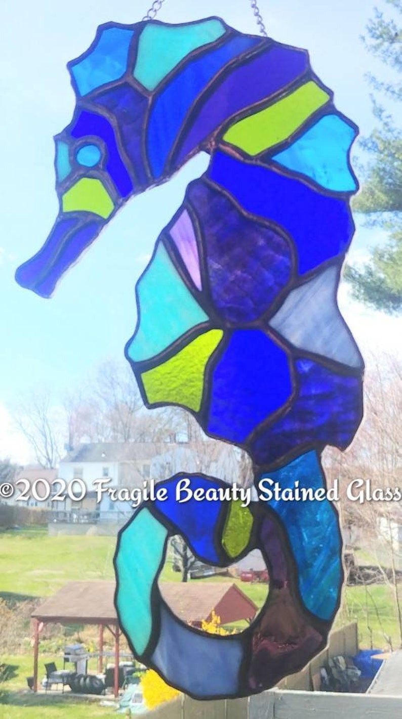 Stained Glass Seahorse Suncatcher Large Seahorse Stained Glass Art Blues Purples Lime Green Sea Horse Glass Art Suncatcher image 2