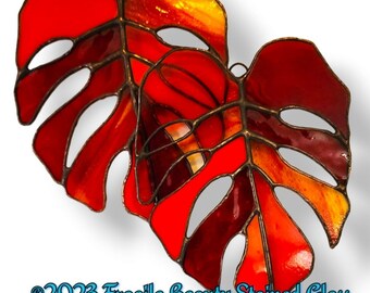 Stained Glass Red Monstera Leaf - Original Stained Glass Design by Sarah Segovia- Striking Red Glass Monstera Leaf - Glass by Fragile Beauty