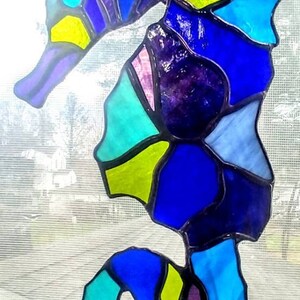 Stained Glass Seahorse Suncatcher Large Seahorse Stained Glass Art Blues Purples Lime Green Sea Horse Glass Art Suncatcher image 4